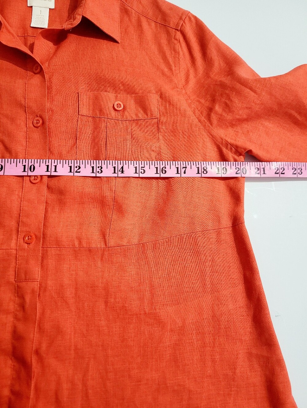 Chico's 100% Linen Tunic Shirt Petite Size 8/10 Orange Button Front Roll Tab Top - Picture 8 of 11